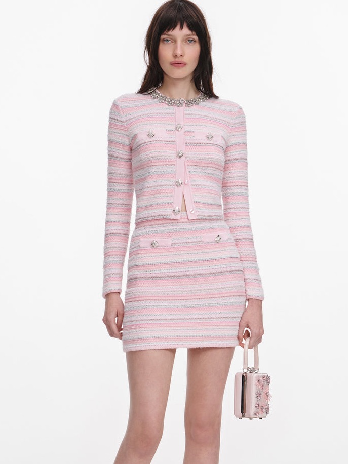 Nwot Self-Portrait 2-Piece Set Pink Textured Knit Cardigan + Mini Skirt